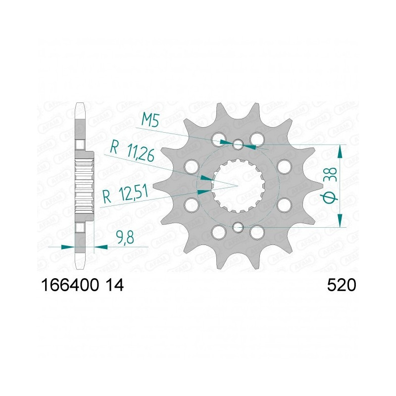 Pignon Afam Acier Type 166400 14 dents Pas 520 Bmw