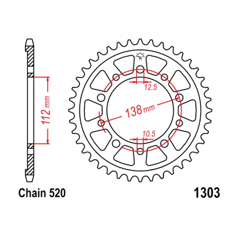 Couronne Moto Aluminium JT 44 Dents PAS 520 Noir - JTA1303.44BLK