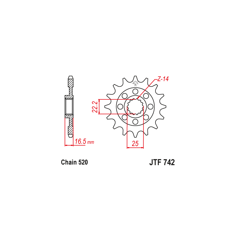 Pignon Moto Acier 14 Dents PAS 520 JT Sprockets - JTF742.14